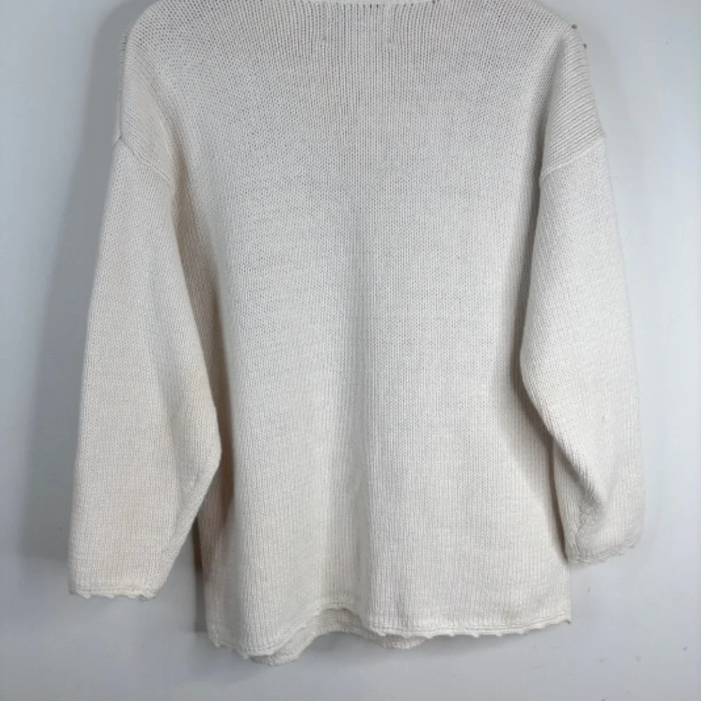 VTG 90s Tiara Christmas Sweater L Embroidered Cream Knit Granny Cottage Santa